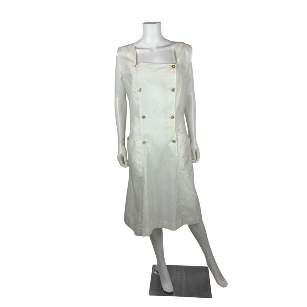 Vintage 60s Uniform Dress Womens Medium Solid White Hip Pockets Sleeveless Shift